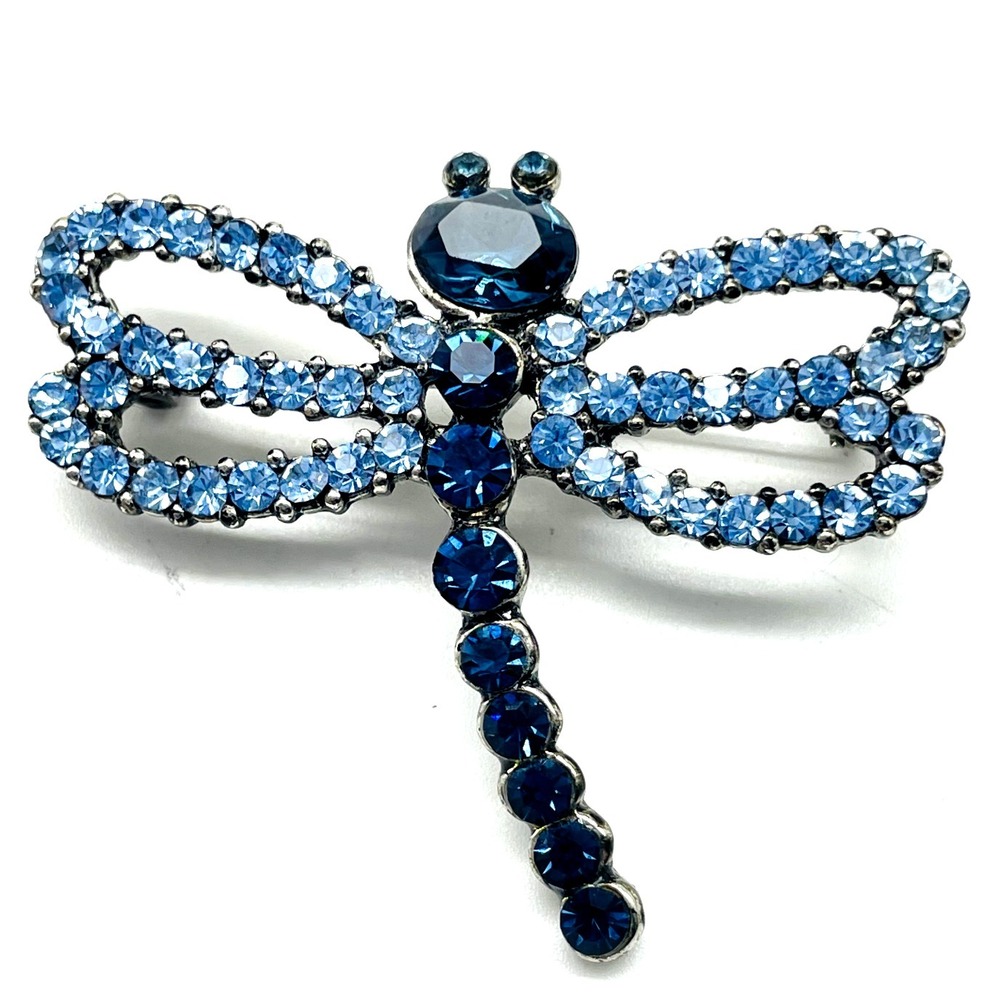 Blue Rhinestone Dragonfly Brooch Silver Tone Insect Pin Bug